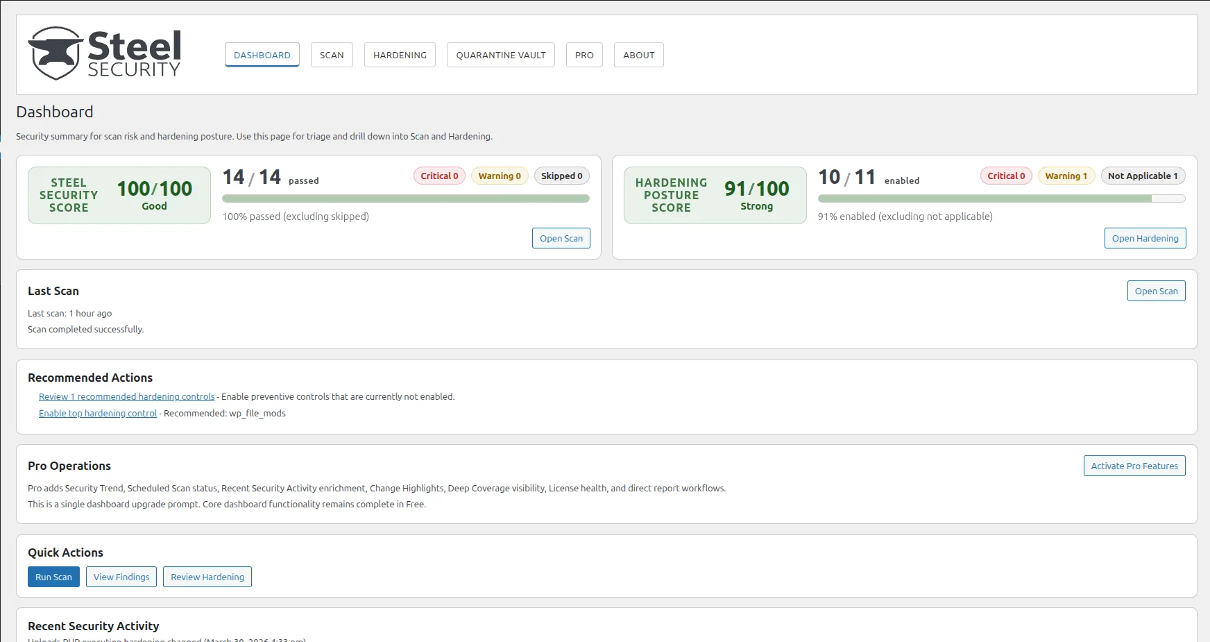 Steel Security dashboard showing risk score, hardening posture, last scan, and recommended actions.