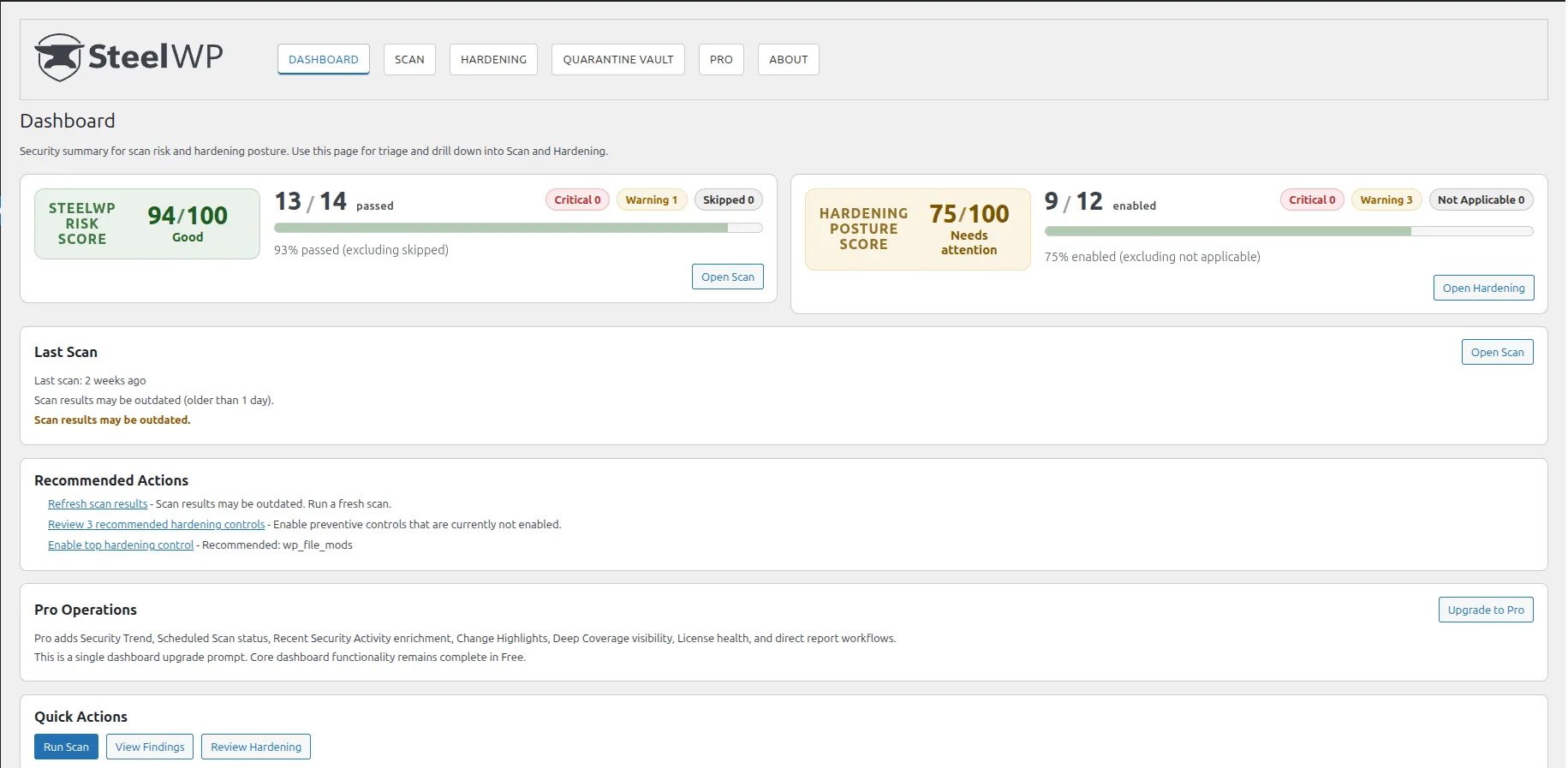 SteelWP dashboard showing scan risk and hardening posture summaries.