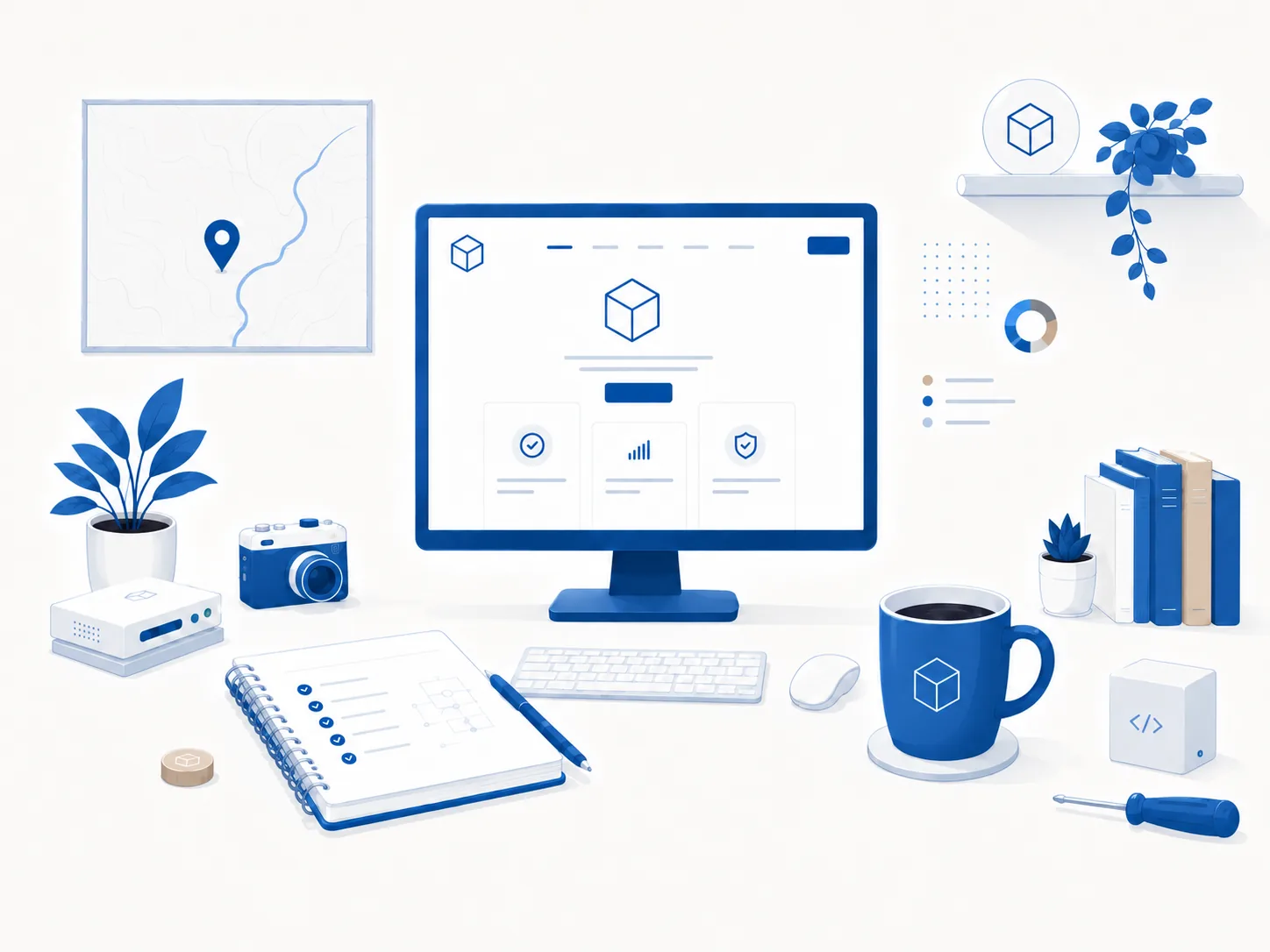 Illustration of a small Kamloops web studio workspace with design notes, tools, and a website on screen.