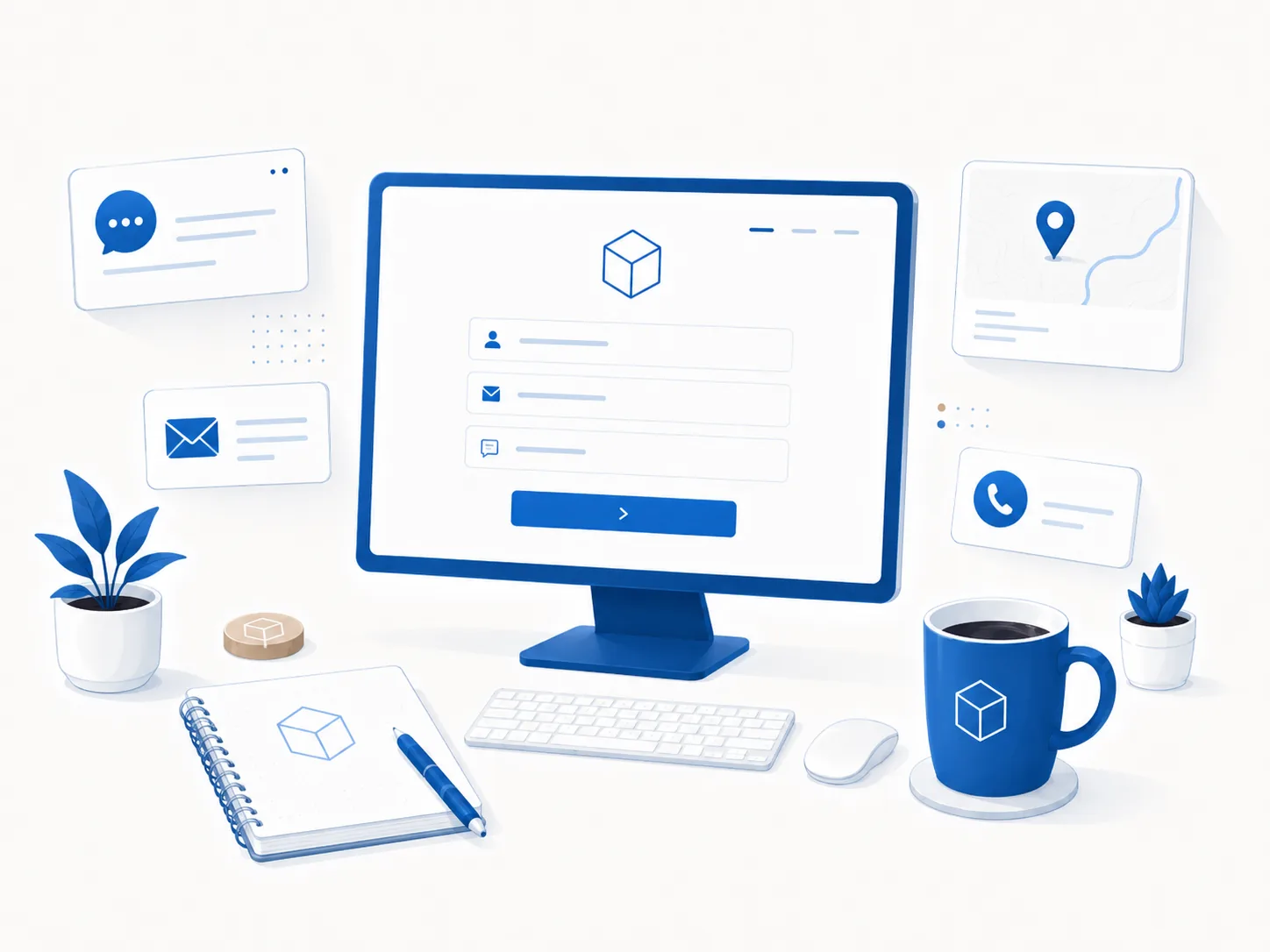 Illustration of a contact form workspace with email, phone, and location details for Sweetwater Media.