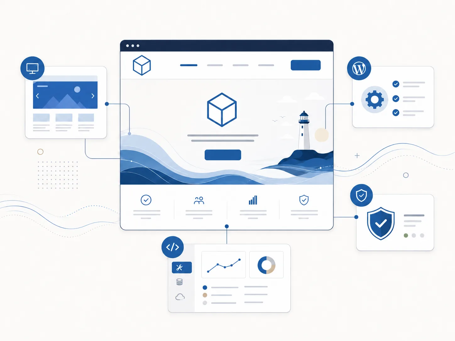Illustration representing Sweetwater Media websites, WordPress security, business tools, and Kamloops coastal-inspired design.