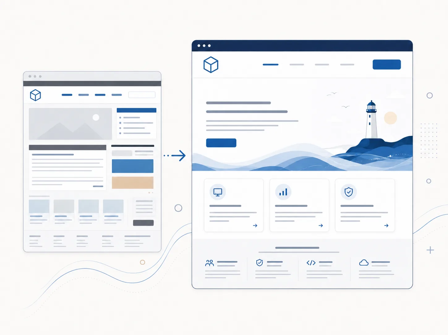Illustration of a business website redesign moving from an older layout to a cleaner, calmer, more modern site.