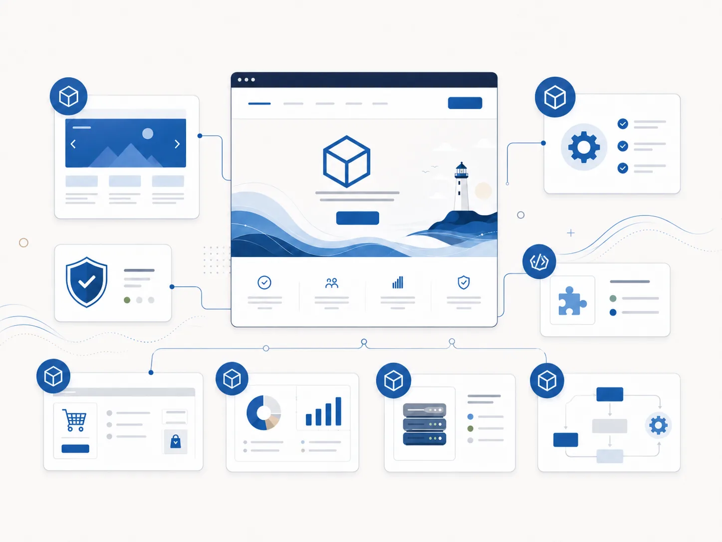 Illustration representing Sweetwater work across websites, WordPress security, plugin development, reporting tools, and custom systems.